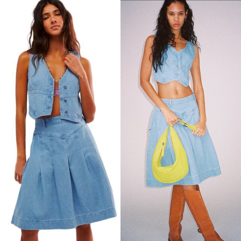 FREE PEOPLE Scout Denim Skirt Set Cropped Vest Top Dark Indigo Women's Size 4 6 - Picture 11 of 12